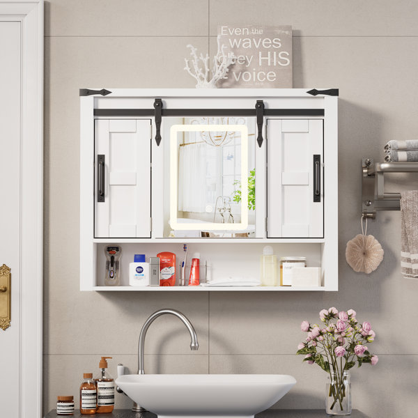 Farmhouse Medicine Cabinet Mirror with Lights Bathroom Wall Cabinet w Rustic Sliding Barn Door Gracie Oaks